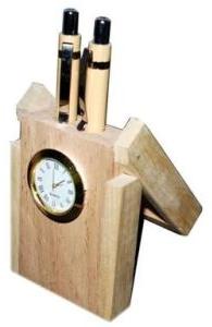 Bamboo Pen Stand With Clock