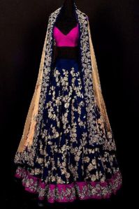 Banglory Embroidered Net Blue Lehenga Choli