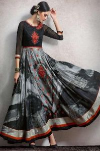 Crepe Silk Printed Grey Anarkali Suits