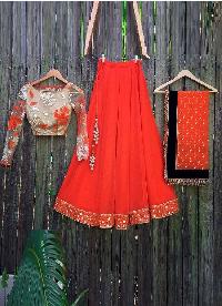 Georgette Border Work Plain Red Lehenga Choli