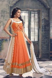 Georgette Machine Work Orange & Off White Long Suits