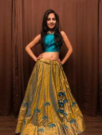 Poly Silk Machine Work Golden Lehenga Choli