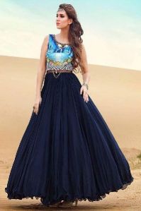 Navy Blue Taffeta Silk Digital Print Gown