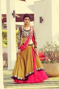 Taffeta Silk Plain Pink & Brown Lehenga Choli