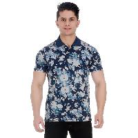 GirggiOverdyed Snorkel Blue All Over Floral Print Pique Cotton Polo T-Shirt For Men With Enzyme Wash
