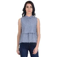 Girggit blue-cotton-georgette-sleeveless-layered-top-with-collar