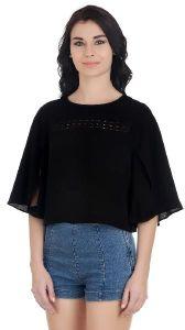 Girggit Black Polyester Bubble Georgette Round Neck Lace Detail Bell Sleeves Crop Top
