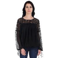 Girggit Black Polyester Chiffon Round Neck 3/4th Sleeves Top With Lace Cut And Sew