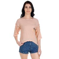 Girggit Dusty Pink Rayon Round Neck Ladder Lace Top With 3/4th Sleeves And Butterfly Embroidery