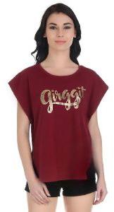 Girggit Marsala Cotton Round Neck Casual T-Shirt For Women With Brand Graphic