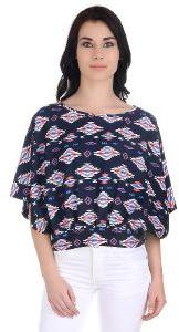 Girggit Multi Color Polyester Crepe Round Neck Aztec Print Cap Sleeve Top