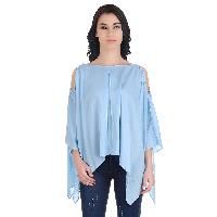 Girggit Ocean Blue Viscose Boat Neck Pleated Drop Shoulder Top With 3/4 Sleeve