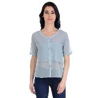 Girggit Silver Grey Polyester Georgette Half Sleeves Front Buttoned Collared Top