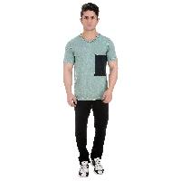 Girggit V Neck Smoke Green Overdyed Cotton T-Shirt For Men With All Over Geo Graphic