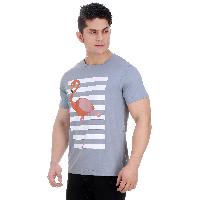 Round Neck Silver Grey Cotton T-Shirt For Men With Artistic Graphic