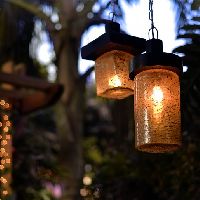 Hanging Lamp with Antique Amber Glass and Wooden Top-set of 2