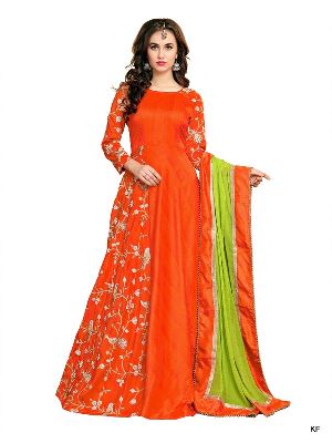 KF Orange Banarasi Silk Embroidered A-Line Gown