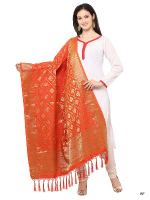 KF Orange Golden Art Silk Banarasi Dupatta with Tassel