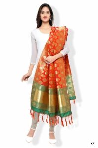 KF Orange Green Banarasi Dupatta with Floral Motifs