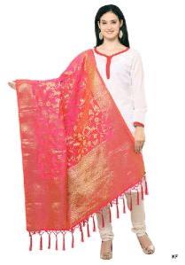 KF Pink Golden Art Silk Banarasi Dupatta with Tassel