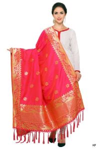 KF Pink Golden Art Silk Banarasi Dupatta with Tassel