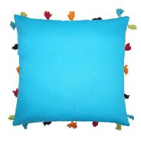 Lushomes Bachelor Button Cotton Cushion Cover with Pom Pom - Pack of 1