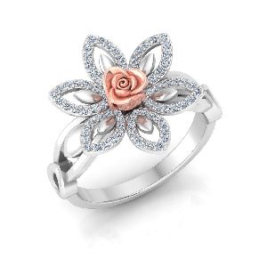 14Kt White Gold Diamond Flower Ring with Rose On Top