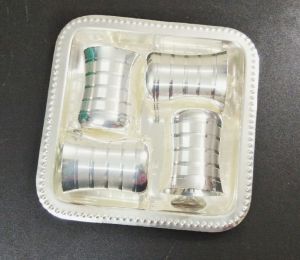 Silver Coated Tray with Four Glass