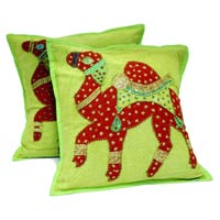 2 Green Handcrafted Embroidered Patchwork Ethnic Indian Camel Throws Pillow Krishna Mart Cushion Covers