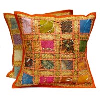 2 Orange Embroidery Sequin Patchwork Indian Sari Throw Pillow Krishna Mart Cushion Covers