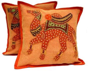 2 Orange Handcrafted Embroidered Patchwork Ethnic Indian Camel Throws Pillow Cushion Cover