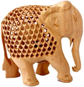 Hand Carved Elephant Wooden Jali Figurine Statue