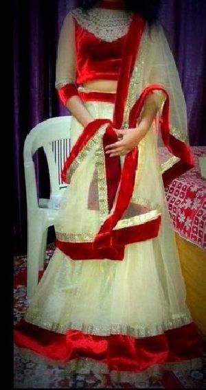 Simple Net Cream and Red Lehenga Choli