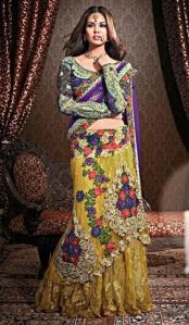 Embroidered Yellow and Purple Lehenga Choli