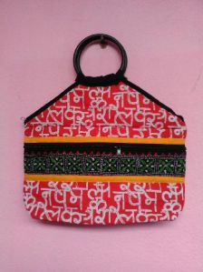 Kantha Work Red Ring Handle Handbags