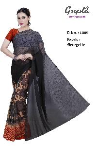 1009 Womens Black Georgette Floral Print Saree