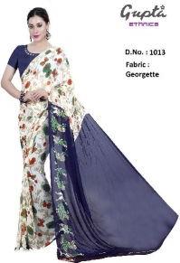 1013 Womens Navy Blue Georgette Floral Print Saree