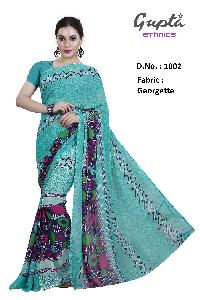 1002 Womens Teal Georgette Geometric Print Saree