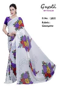 1005 Womens White Georgette Floral Print Saree