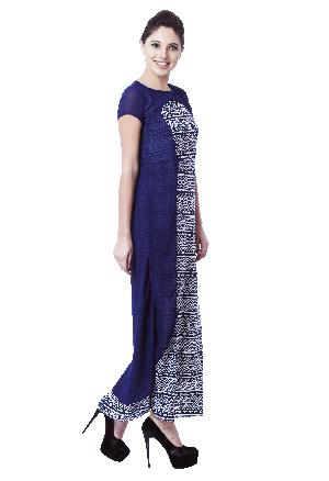 LAYERED GEORGETTE PRINTED BLUE LONG DRESS