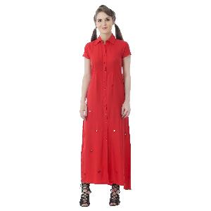 RAYON RED LONG DRESS WITH MIRROR WORK