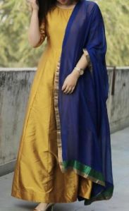 gold raw silk semistitched anarkali suit