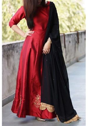 red raw silk semistitched anarkali suit