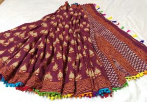 mal mal batik printed pom pom sarees