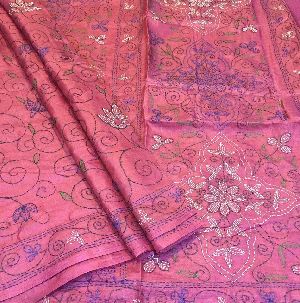 full kantha work pure tussar silk sarees