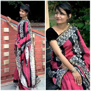 silk cotton hand block printed sarees with blouse