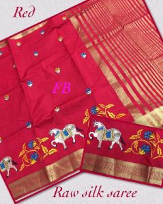 tussar embroidered elephant border sarees