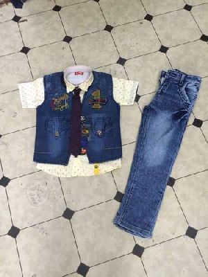 Boys Fancy Half Shirt Denim Jacket Suits