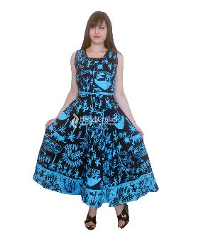 Blue and Black Elephant Printed Long Boho Evening Gown