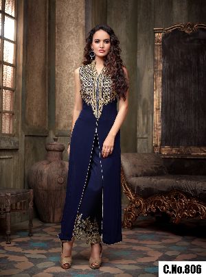 blue Georgette Embroidery Straight cut Salwar suit